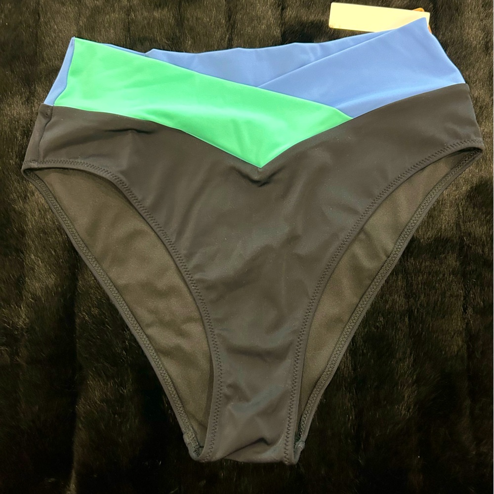 NWT PINK Victoria's Secret bikini bottom. Black w/blue/green waist detail. Large
